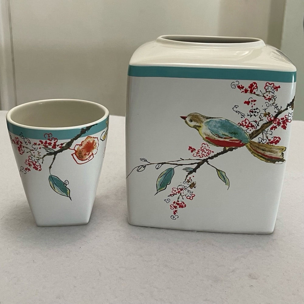 Lenox Simply Fine Chirp Tissue Box Holder & Tumbler 2 Piece Set Bird Floral